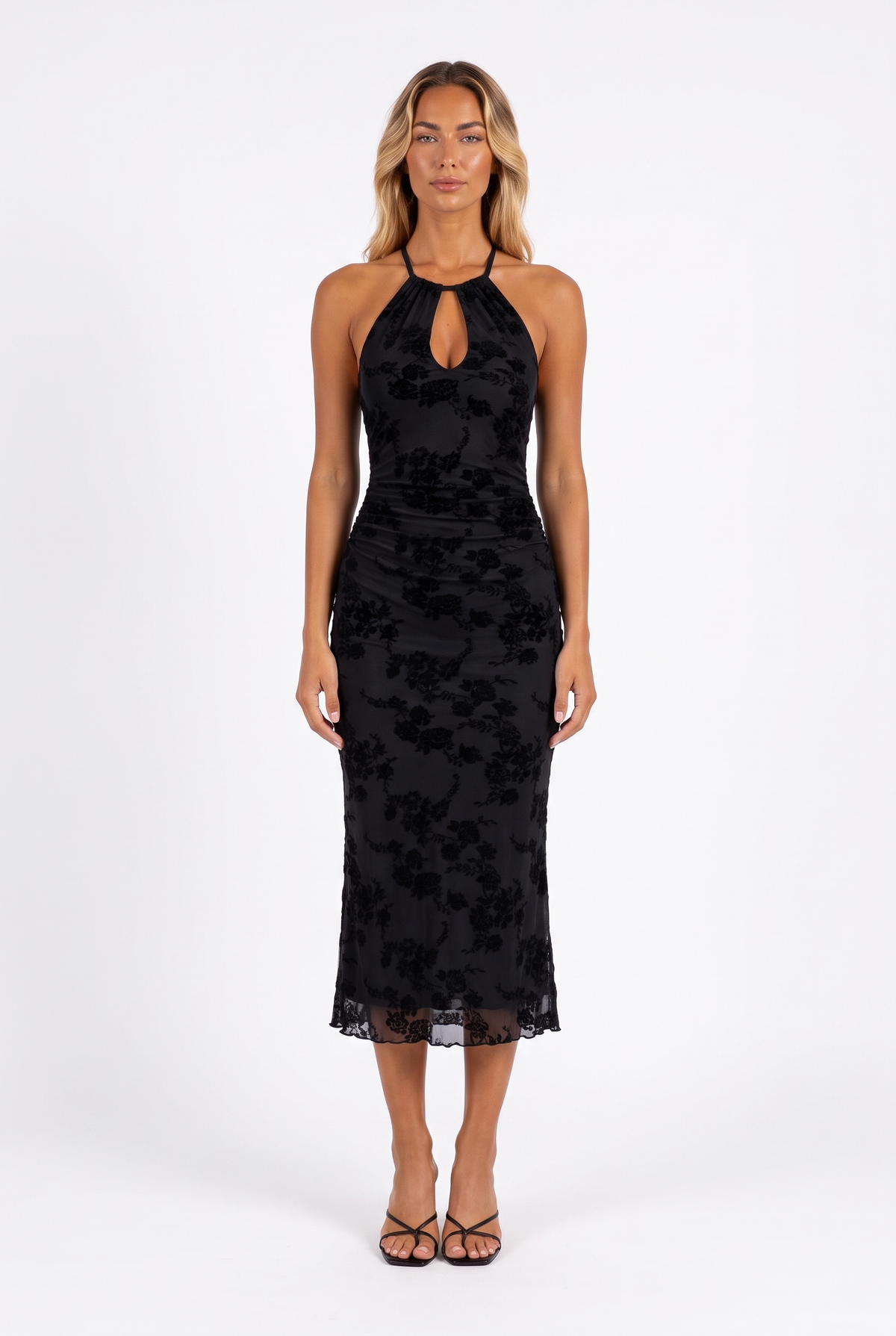 Black flocked floral halter midi dress — front