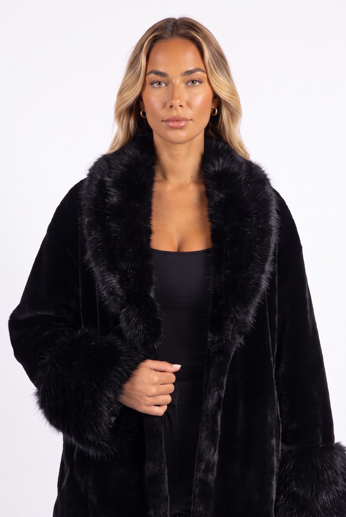 Black oversized faux mink coat with fluffy fur collar and cuffs — collar and cuff fur detail