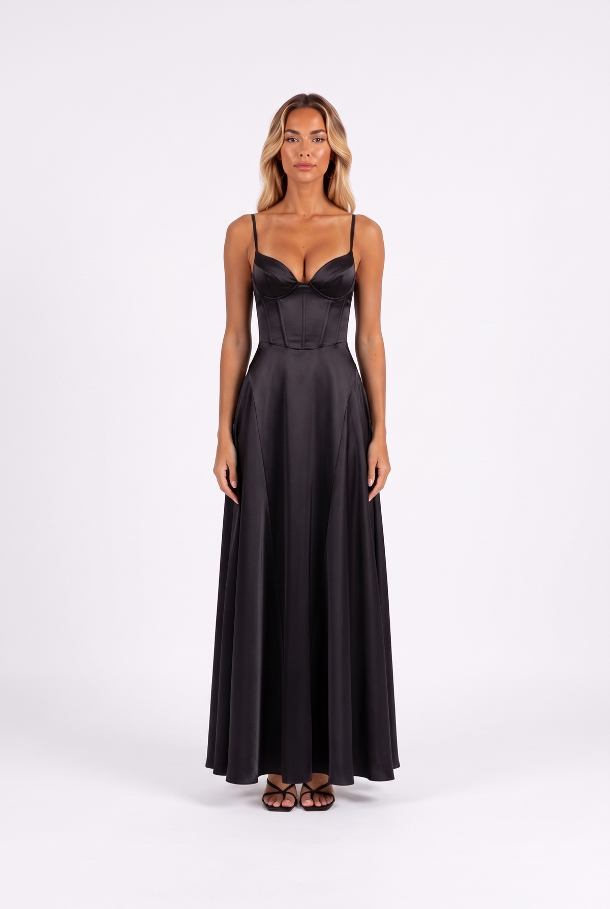 Satin corset lace-up-back maxi dress in Black — front