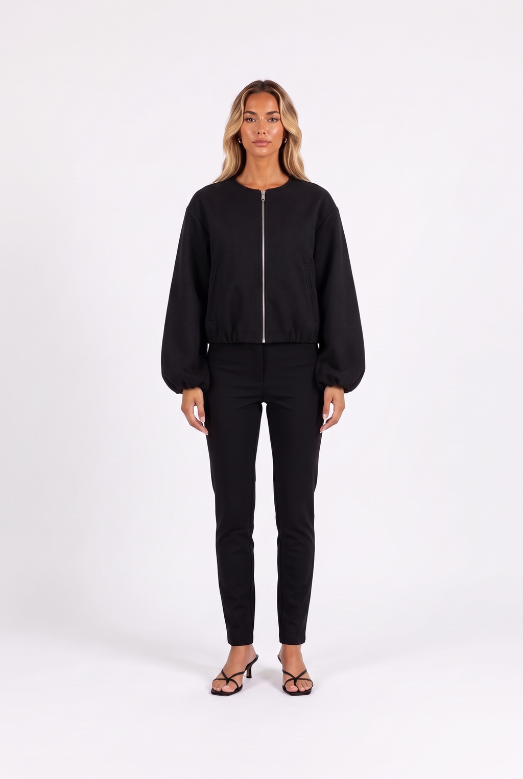 Cropped zip-up bomber jacket in Black — front