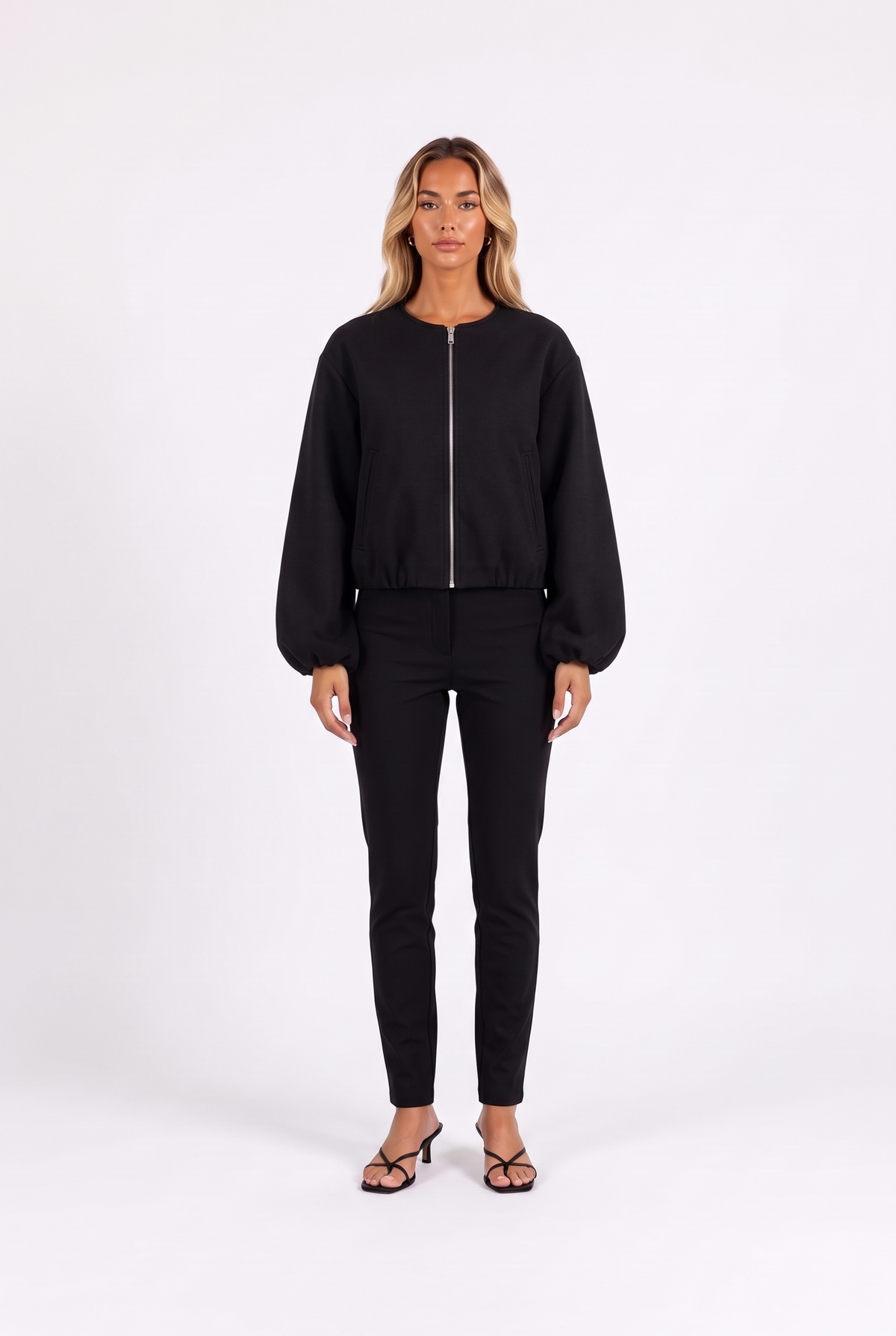 Cropped zip-up bomber jacket in Black — front