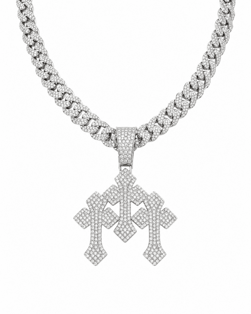 Triple Cross Iced Pendant Silver